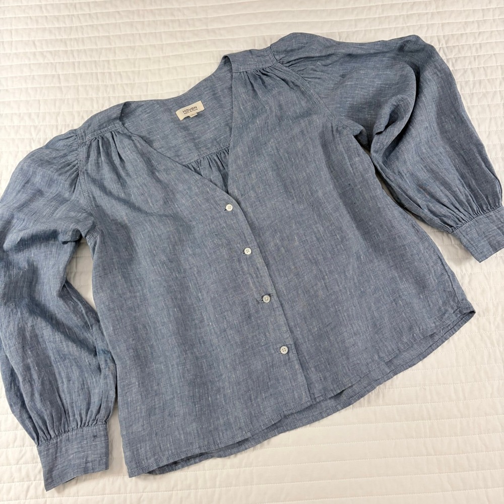 Haven Blue 100% Linen Puff Sleeve V-Neck Button Front Blouse Women M